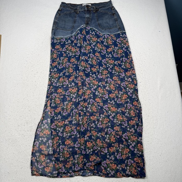 Levi Strauss Signature Dresses & Skirts - Levis Skirt Womens 6 Blue Stretch Denim Floral Lace Boho Long Homemade